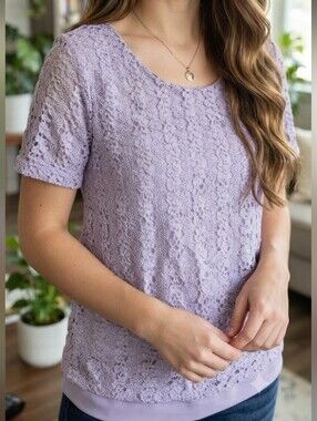 Tan Jay Lavender Crochet Lace Short Sleeve Blouse Top